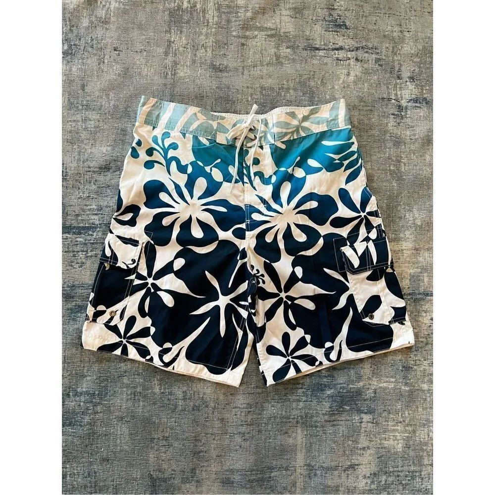 Merona Blue White Tropical Floral Print Cargo Swim Board Shorts Men's Large